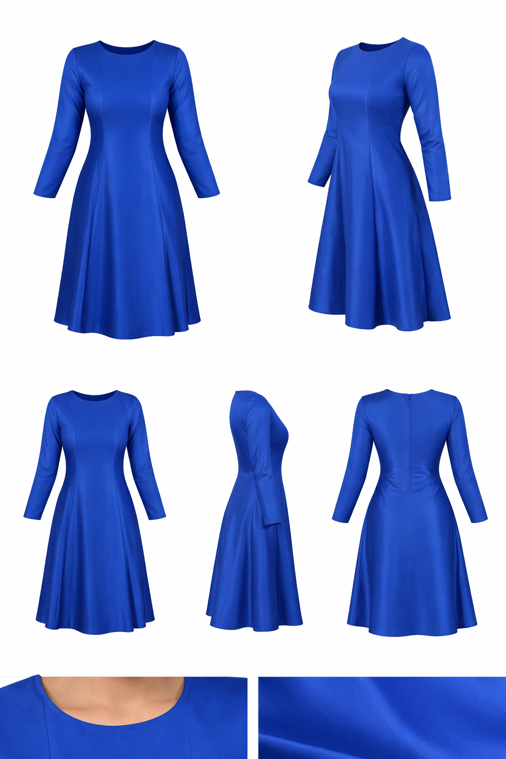 Royal Blue Satin A-Line Dress – Long Sleeve Elegant Midi | Garmica