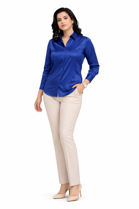 Royal Blue Satin Full Sleeve Formal Shirt for Women
