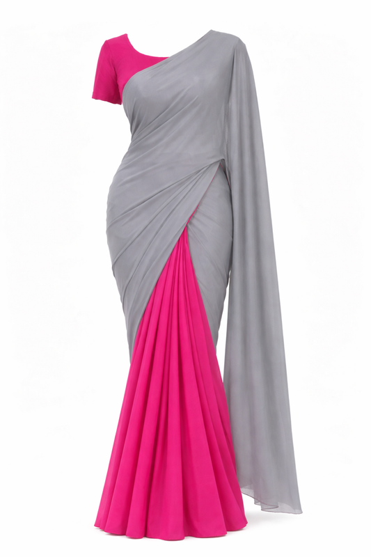 Ash Grey with Blush Pink pleats Georgette Ready-to-Wear Saree