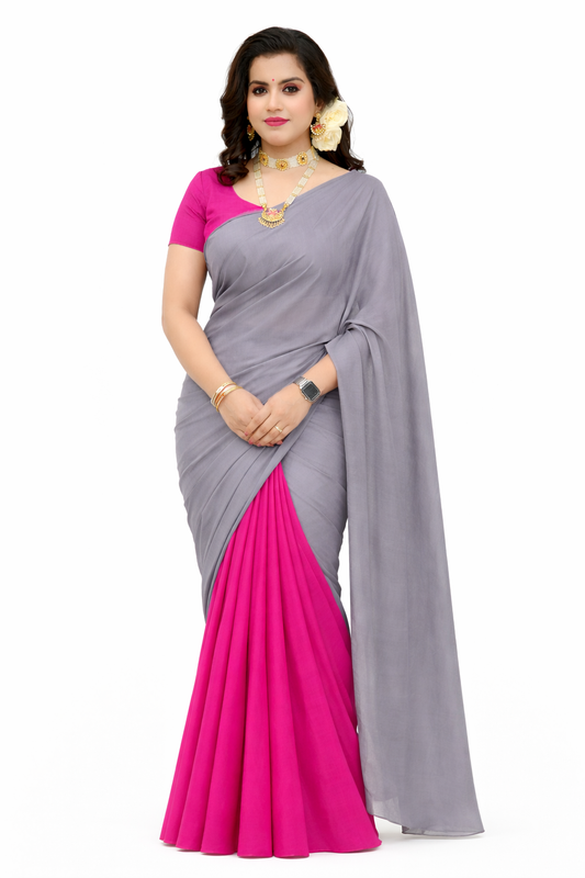 Ash Grey with Blush Pink pleats Georgette Ready-to-Wear Saree