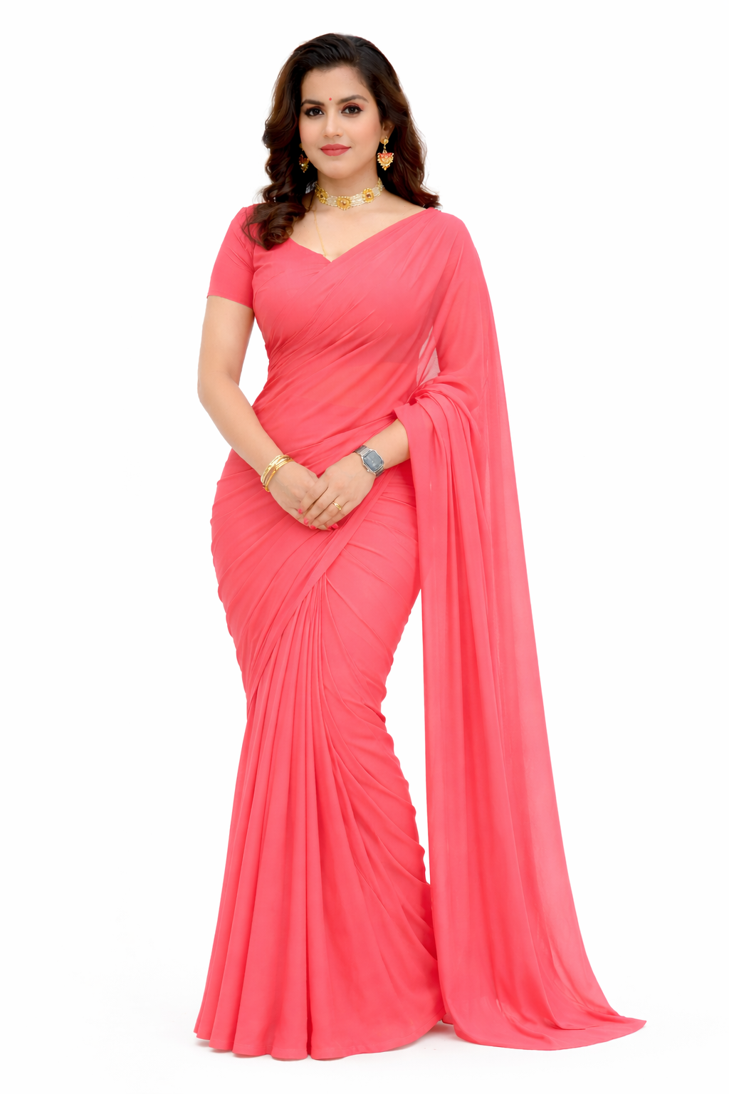 Coral Pink Ready to Wear Georgette Saree