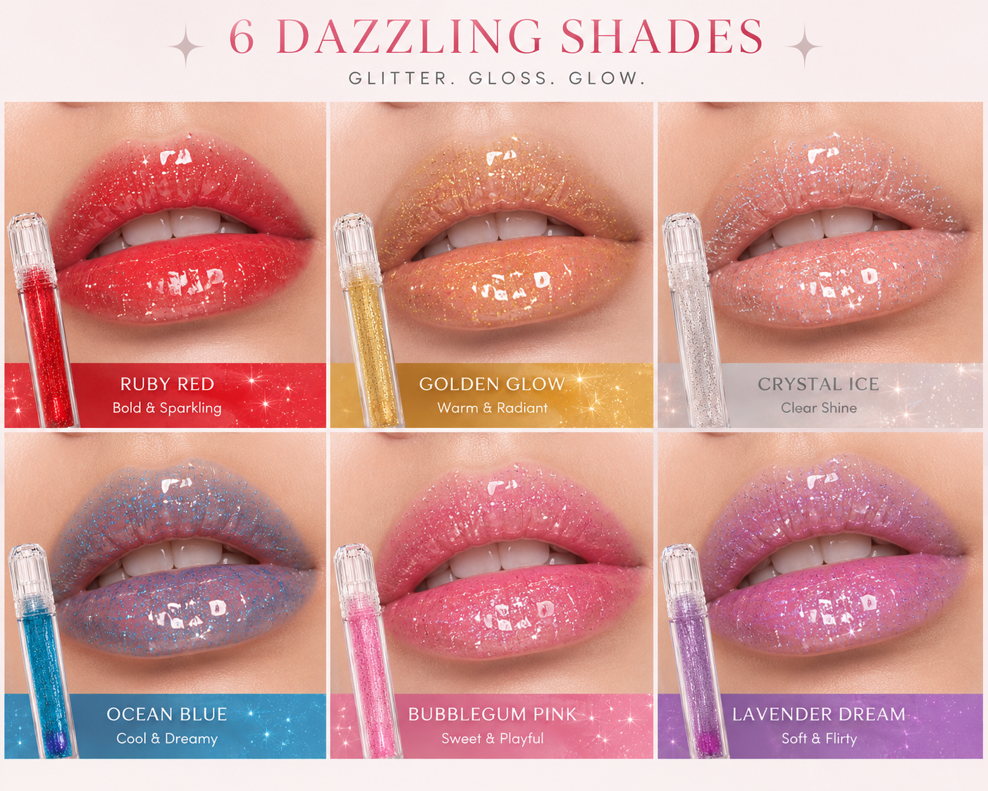 Dazzling Glow Glitter Lip Gloss Set – 6 Shades of Shine