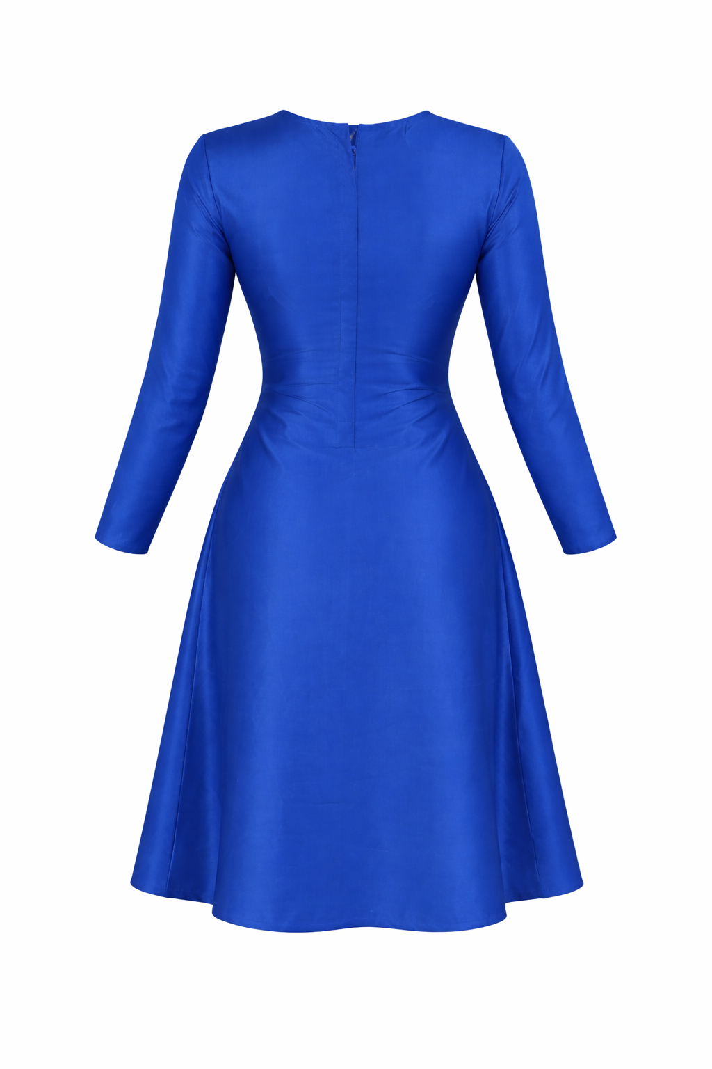 Royal Blue Satin A-Line Dress – Long Sleeve Elegant Midi | Garmica