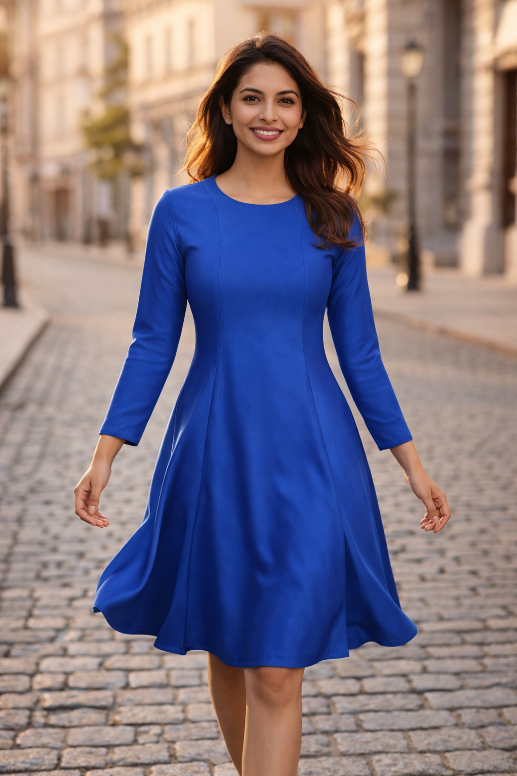 Royal Blue Satin A-Line Dress – Long Sleeve Elegant Midi | Garmica