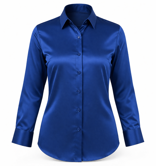 Royal Blue Satin Full Sleeve Formal Shirt for Women
