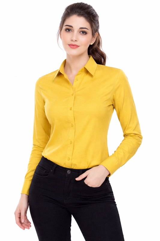 Women’s Yellow Glace Cotton Shirt – Full Sleeve Formal Button-Down